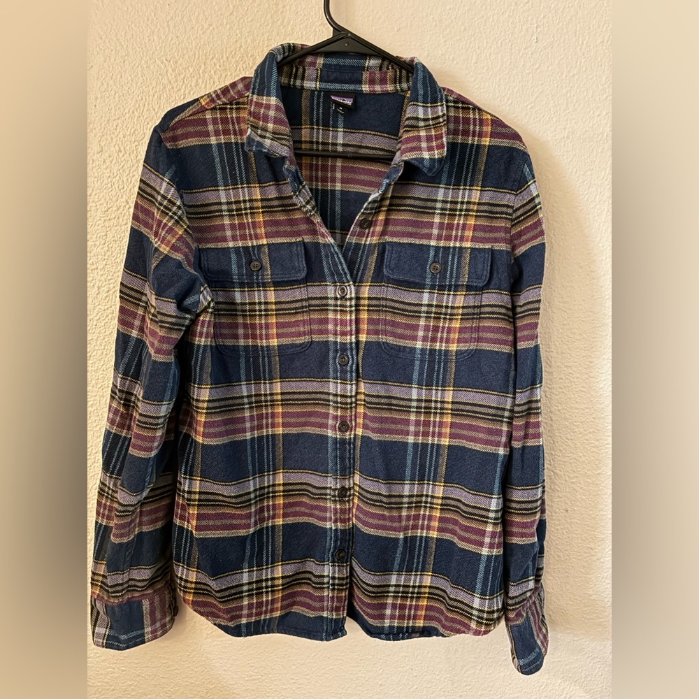 Patagonia Navy Blue, Maroon & Yellow Plaid Button-Down Shirt